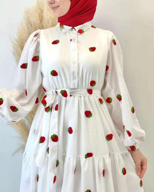 LF 9809009 Gyümölcsmintás Hosszú Ujjú, Derékhoz Ülő Közel-Keleti Ruha