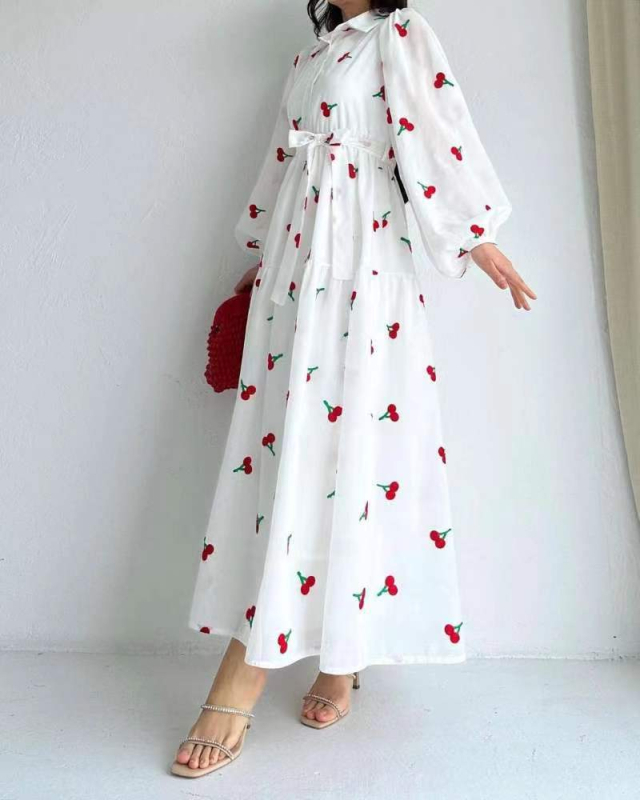 LF 9809009 Gyümölcsmintás Hosszú Ujjú, Derékhoz Ülő Közel-Keleti Ruha