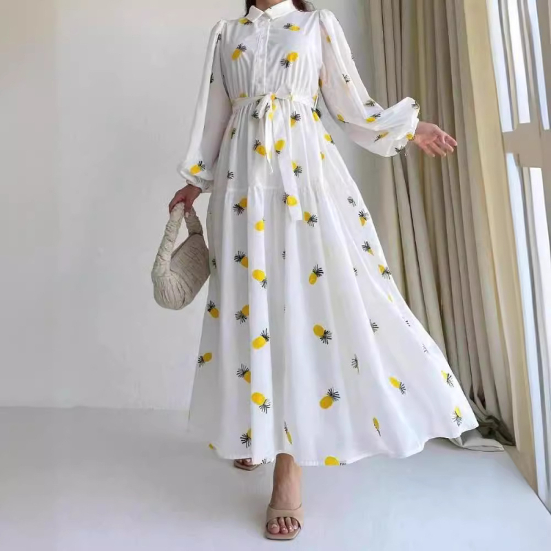 LF 9809009 Gyümölcsmintás Hosszú Ujjú, Derékhoz Ülő Közel-Keleti Ruha