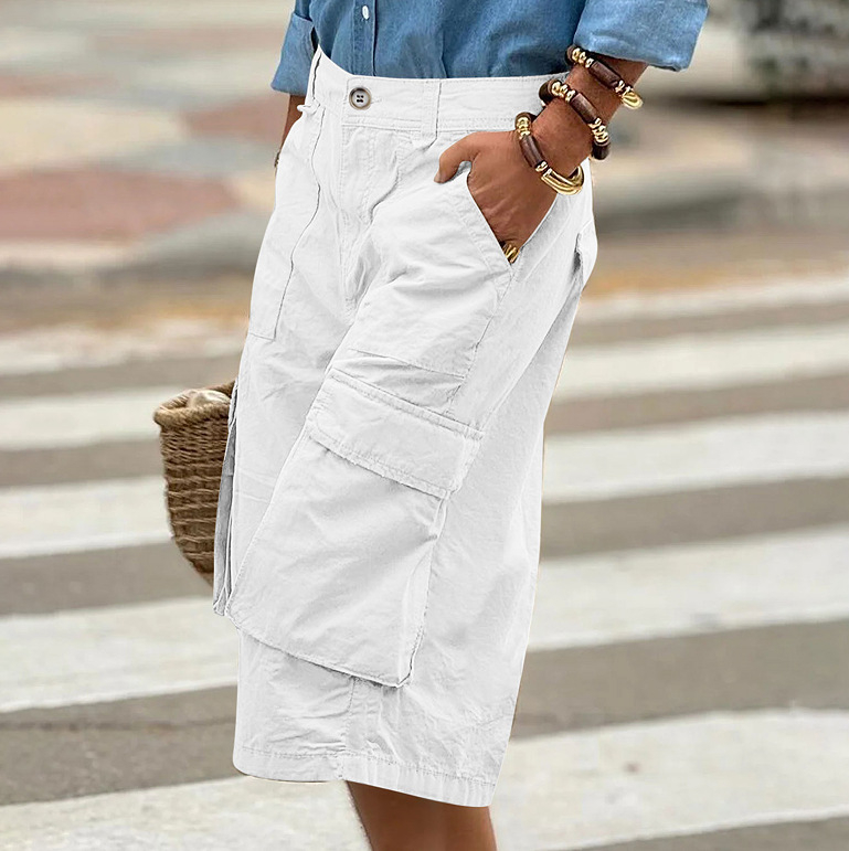 Európai és amerikai 2025-ös, határokon átnyúló Amazon Aliexpress új, egyszínű, kényelmes, hétköznapi, háromdimenziós, többzsebes, rövidített cargo nadrág