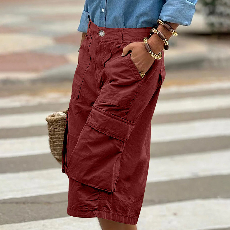 Európai és amerikai 2025-ös, határokon átnyúló Amazon Aliexpress új, egyszínű, kényelmes, hétköznapi, háromdimenziós, többzsebes, rövidített cargo nadrág