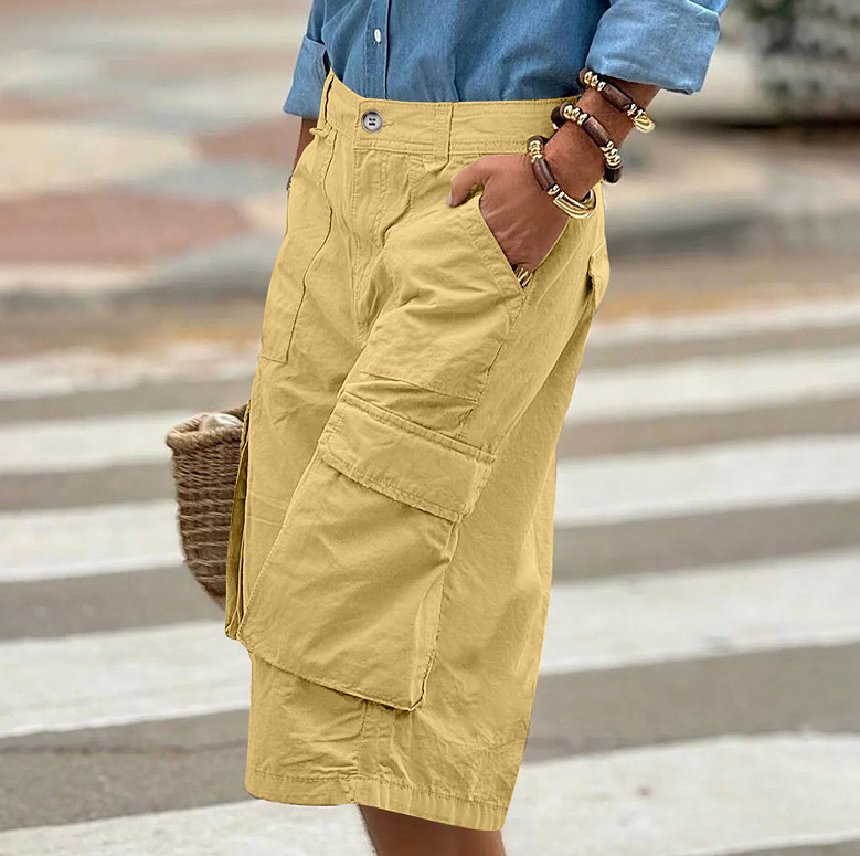 Európai és amerikai 2025-ös, határokon átnyúló Amazon Aliexpress új, egyszínű, kényelmes, hétköznapi, háromdimenziós, többzsebes, rövidített cargo nadrág