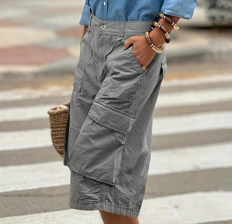 Európai és amerikai 2025-ös, határokon átnyúló Amazon Aliexpress új, egyszínű, kényelmes, hétköznapi, háromdimenziós, többzsebes, rövidített cargo nadrág