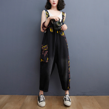 Naiste pluss-suuruses lahtised vanuse vähendavad teksariidest traksidega püksid suviseks uueks kunstniku stiilis trükitud vabaaja Harlani jumpsuit naistele