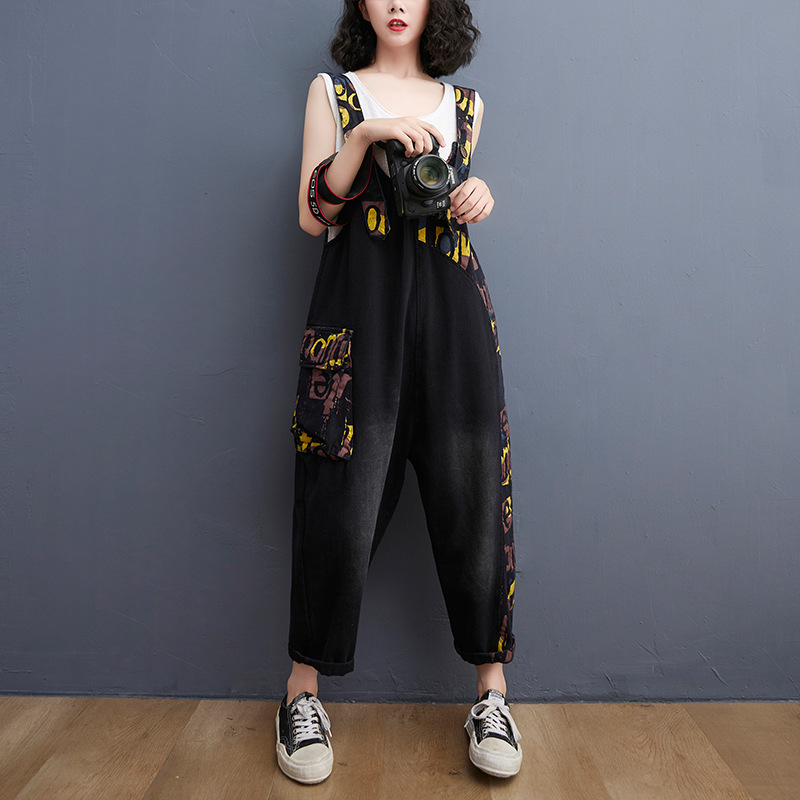 Naiste pluss-suuruses lahtised vanuse vähendavad teksariidest traksidega püksid suviseks uueks kunstniku stiilis trükitud vabaaja Harlani jumpsuit naistele