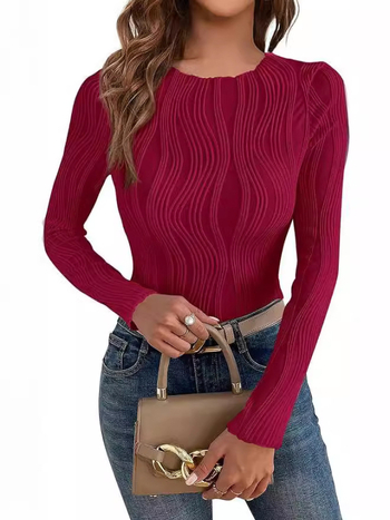 Amazon 2024 határokon átnyúló európai és amerikai tavaszi és őszi női új, lezser textúrájú, kerek nyakú, hosszú ujjú, vékony női póló