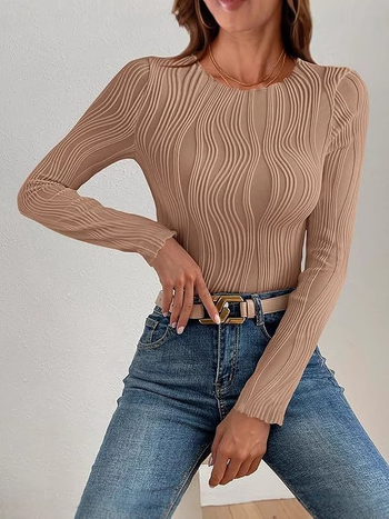 Amazon 2024 Διασυνοριακό Ευρωπαϊκό και Αμερικανικό Γυναικείο Μπλουζάκι Άνοιξης & Φθινοπώρου με Νέα Casual Υφή και Στρογγυλή Λαιμόκοψη, Λεπτό Γυναικείο T-Shirt με Μακρυμάνικο Στυλ