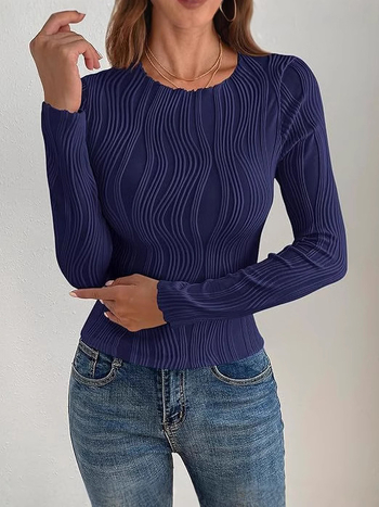 Amazon 2024 Διασυνοριακό Ευρωπαϊκό και Αμερικανικό Γυναικείο Μπλουζάκι Άνοιξης & Φθινοπώρου με Νέα Casual Υφή και Στρογγυλή Λαιμόκοψη, Λεπτό Γυναικείο T-Shirt με Μακρυμάνικο Στυλ