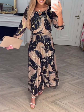 Νέο καλοκαιρινό φόρεμα Amazon Cross-Border 2025, κομψό, τυπωμένο στη μέση με μανίκια τριών τετάρτων, σε στυλ ευρωπαϊκού και αμερικανικού στυλ για γυναίκες