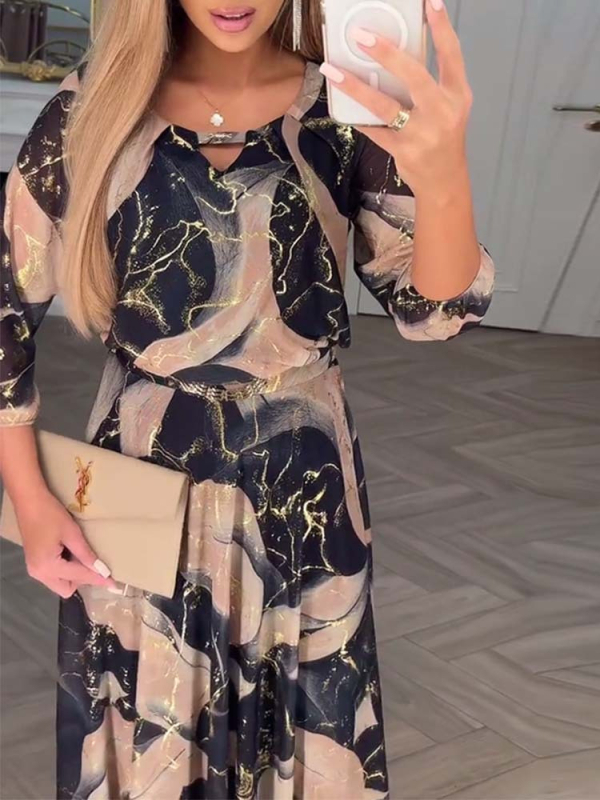 2025 m. nauja vasaros „Amazon“ tarpvalstybinė europietiška ir amerikietiška elegantiška trijų ketvirčių rankovių marginta juosmens suknelė moterims