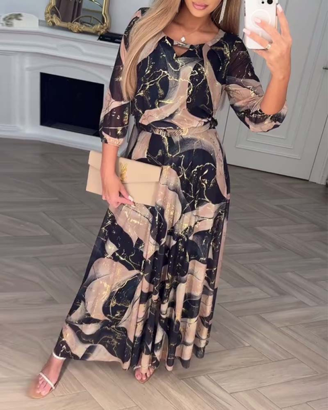 2025 m. nauja vasaros „Amazon“ tarpvalstybinė europietiška ir amerikietiška elegantiška trijų ketvirčių rankovių marginta juosmens suknelė moterims