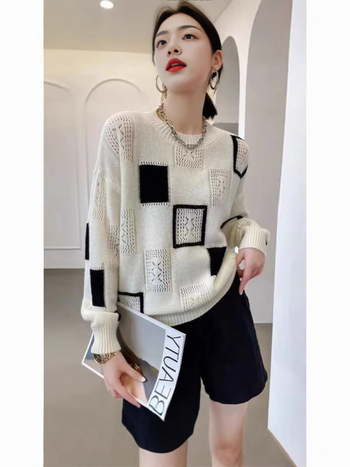 2025-ös őszi új, színben illő, kockás mintás, kerek nyakú, stylist pulóver, női top, Instagram divat