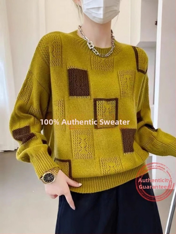 2025-ös őszi új, színben illő, kockás mintás, kerek nyakú, stylist pulóver, női top, Instagram divat