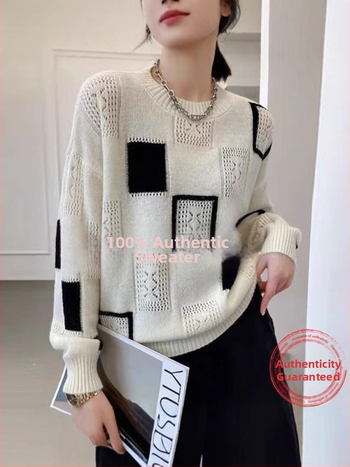 2025-ös őszi új, színben illő, kockás mintás, kerek nyakú, stylist pulóver, női top, Instagram divat