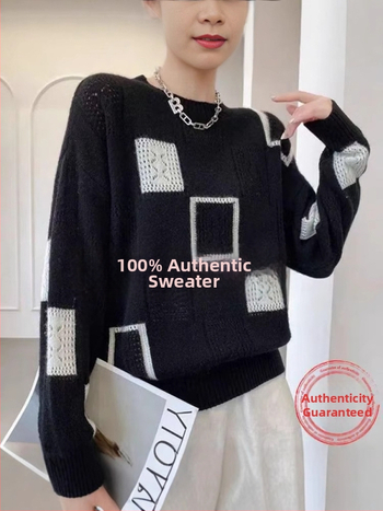 2025-ös őszi új, színben illő, kockás mintás, kerek nyakú, stylist pulóver, női top, Instagram divat