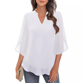 Női felsők, divatos, lezser, rakott, háromnegyedes ujjú, V-nyakú, dupla rétegű sifon ing
