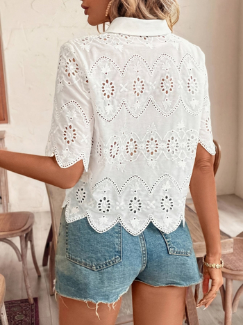 Κομψό κοντομάνικο πουκάμισο για γυναίκες, κενό σχέδιο, πολυεστερικές ίνες, πέτο κατάλληλο για όλες τις εποχές, μονόχρωμο