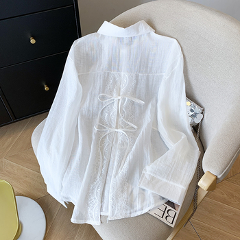 Női hasított napvédő ing, kék csipke masnival, nyári vékony külső, hosszú ujjú kardigán, tencel felső