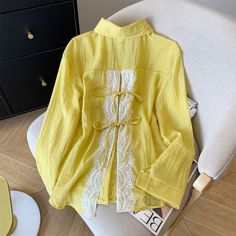 Női hasított napvédő ing, kék csipke masnival, nyári vékony külső, hosszú ujjú kardigán, tencel felső