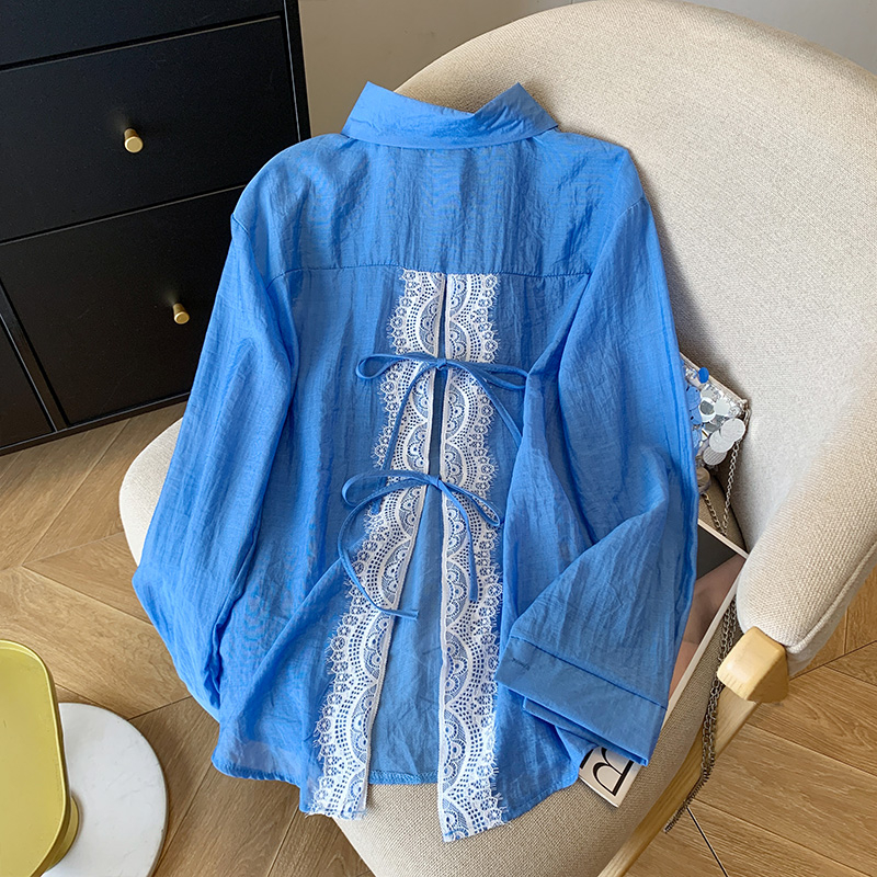 Női hasított napvédő ing, kék csipke masnival, nyári vékony külső, hosszú ujjú kardigán, tencel felső