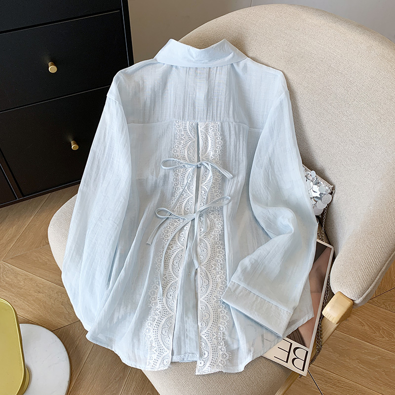 Női hasított napvédő ing, kék csipke masnival, nyári vékony külső, hosszú ujjú kardigán, tencel felső