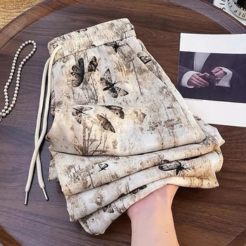 Vintažinio stiliaus, unikalios, drugelių rašalo rašto plačios kelnės, 2024 m. vasarinės, plonos, laisvos, liekninančios, aukšto juosmens, tiesios kelnės.