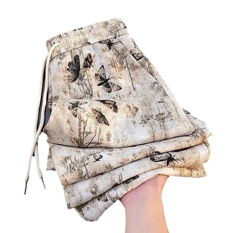 Vintažinio stiliaus, unikalios, drugelių rašalo rašto plačios kelnės, 2024 m. vasarinės, plonos, laisvos, liekninančios, aukšto juosmens, tiesios kelnės.