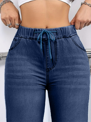 2025. aasta Euroopa ja Ameerika Aliexpressi naiste suurte teksade pingutusnööriga elastse vööga tavaline pestud sinine vabaaja