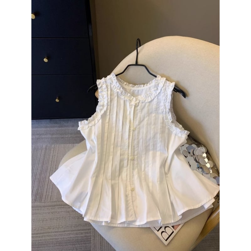 Prancūziško stiliaus klostuoti mėlyni marškiniai moterims su raukiniais, 2025 m. vasaros raukinių stiliaus palaidinė su pilvuką dengiančiu sijonu ir berankoviu dizainu