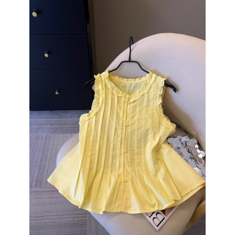 Prancūziško stiliaus klostuoti mėlyni marškiniai moterims su raukiniais, 2025 m. vasaros raukinių stiliaus palaidinė su pilvuką dengiančiu sijonu ir berankoviu dizainu