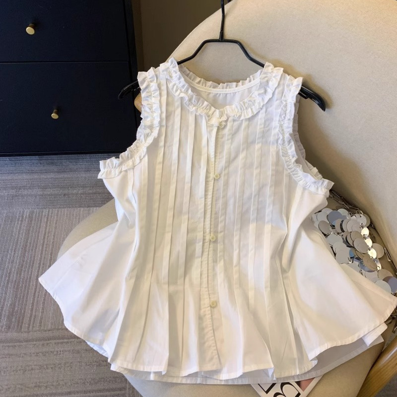 Prancūziško stiliaus klostuoti mėlyni marškiniai moterims su raukiniais, 2025 m. vasaros raukinių stiliaus palaidinė su pilvuką dengiančiu sijonu ir berankoviu dizainu