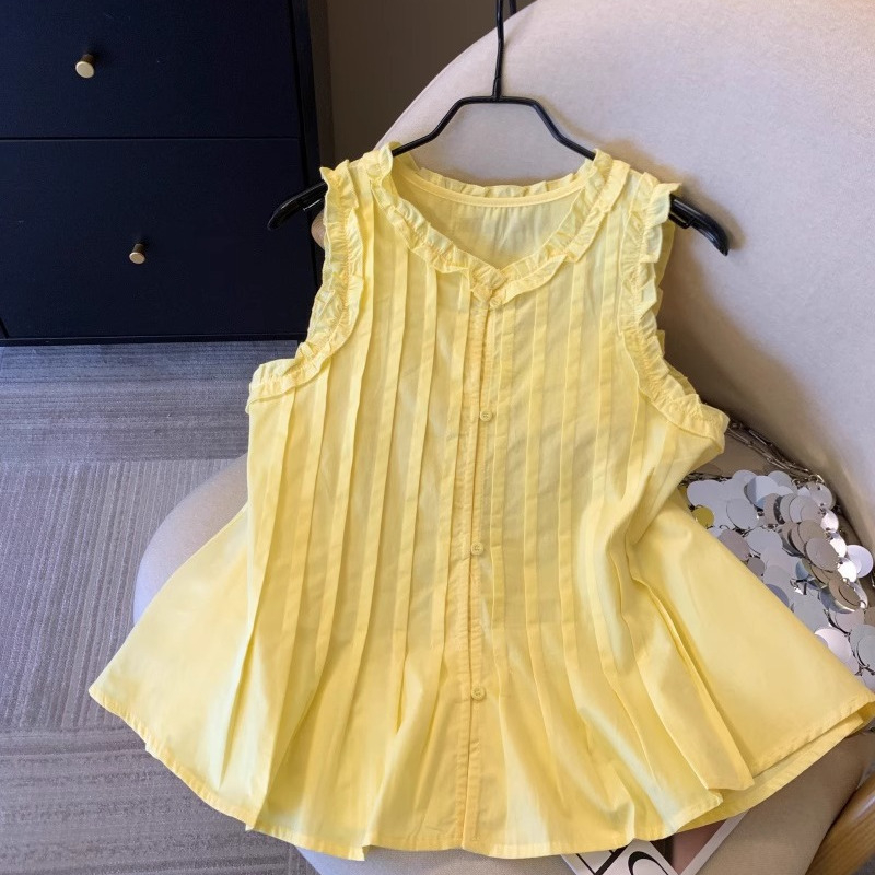 Prancūziško stiliaus klostuoti mėlyni marškiniai moterims su raukiniais, 2025 m. vasaros raukinių stiliaus palaidinė su pilvuką dengiančiu sijonu ir berankoviu dizainu