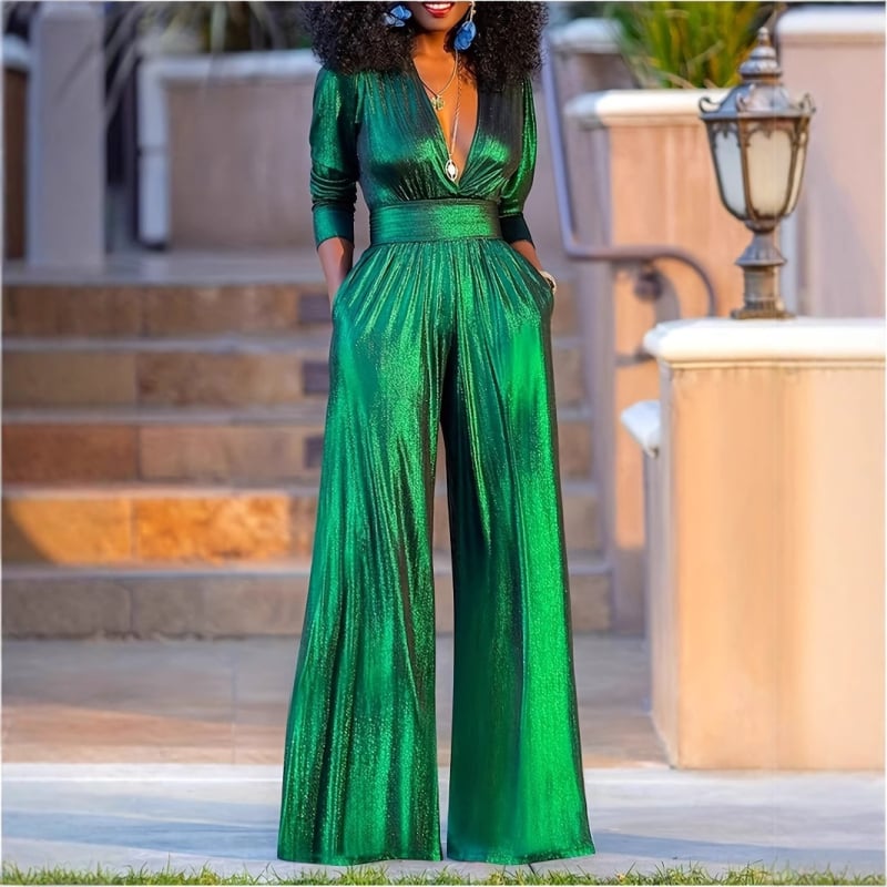 Европейски и американски трансгранични дамски дрехи Amazon Autum Cross-Border Секси V-образен ръкав Бронзиращ гащеризон