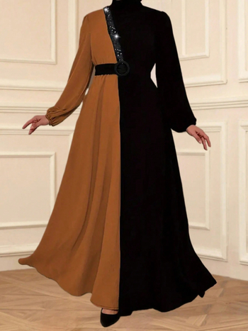 Νέα Γυναικεία Ρούχα σε Ευρωπαϊκό και Αμερικανικό Στυλ, Διασυνοριακό, Κομψό Vintage Φόρεμα με Στρογγυλή Λαιμόκοψη, Μακρυμάνικο, Ψηλόμεσο, Στενή Γραμμή, σε Χρώμα