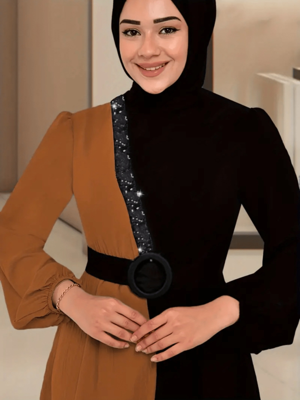 Határokon átnyúló új európai és amerikai stílusú női ruházat, határokon átnyúló kerek nyakú, színes blokkos hosszú ujjú, magas derekú, karcsúsított, elegáns vintage ruha