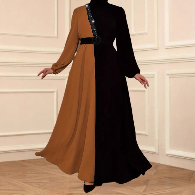 Határokon átnyúló új európai és amerikai stílusú női ruházat, határokon átnyúló kerek nyakú, színes blokkos hosszú ujjú, magas derekú, karcsúsított, elegáns vintage ruha