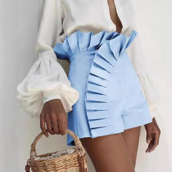 2025 m. vasaros tarpvalstybinės Europos ir Amerikos naujos mados moteriškos vientisos spalvos klostytos nėrinių dizaino aukšto juosmens užtrauktuku šortai sandėlyje