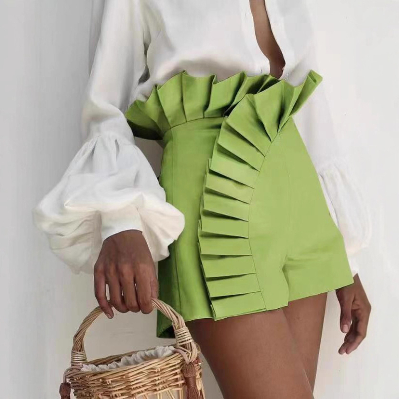 2025 m. vasaros tarpvalstybinės Europos ir Amerikos naujos mados moteriškos vientisos spalvos klostytos nėrinių dizaino aukšto juosmens užtrauktuku šortai sandėlyje