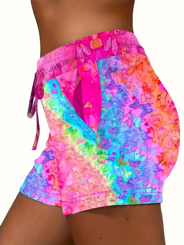 2025-ös, határokon átnyúló, új európai és amerikai, élénk színű batikolt mintás női rugalmas rövidnadrág, lezser rövidnadrág