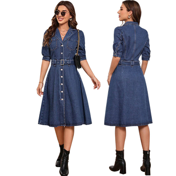 218669 határokon átnyúló női új, farmer derékig érő, karcsúsított, rövid ujjú ruha, gyári outletből