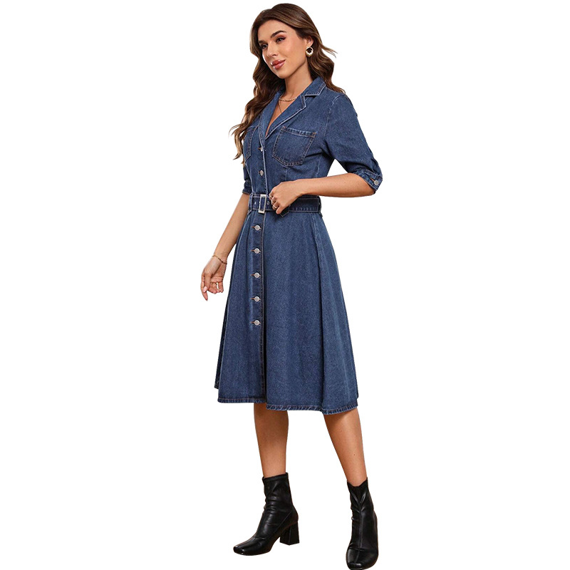 218669 határokon átnyúló női új, farmer derékig érő, karcsúsított, rövid ujjú ruha, gyári outletből