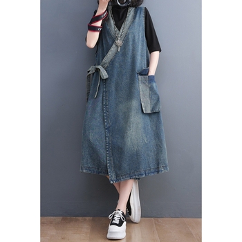 2023 ősz raktáron Vintage ferde csipke csipke középhosszú farmermellény Nyári régi színes bevonatú bő egyenruha