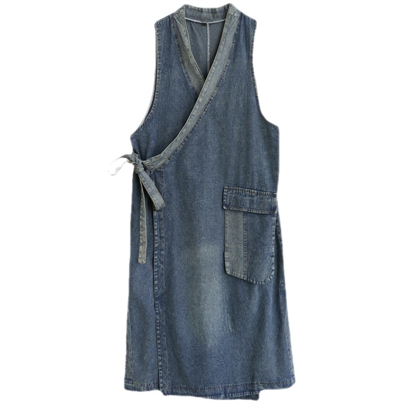 2023 ősz raktáron Vintage ferde csipke csipke középhosszú farmermellény Nyári régi színes bevonatú bő egyenruha