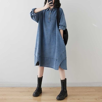 Ранна пролет 2024 Нова корейска рокля за жени с големи размери, свободна и средна дължина, за отслабване