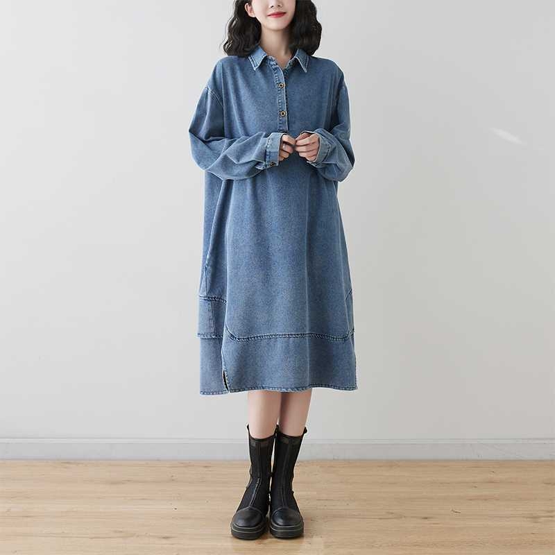 2024 kora tavaszi új koreai stílusú plus size laza karcsúsító farmer középhosszú női ruha