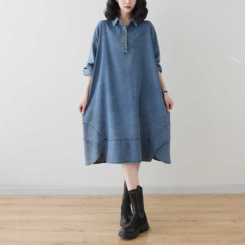 2024 kora tavaszi új koreai stílusú plus size laza karcsúsító farmer középhosszú női ruha