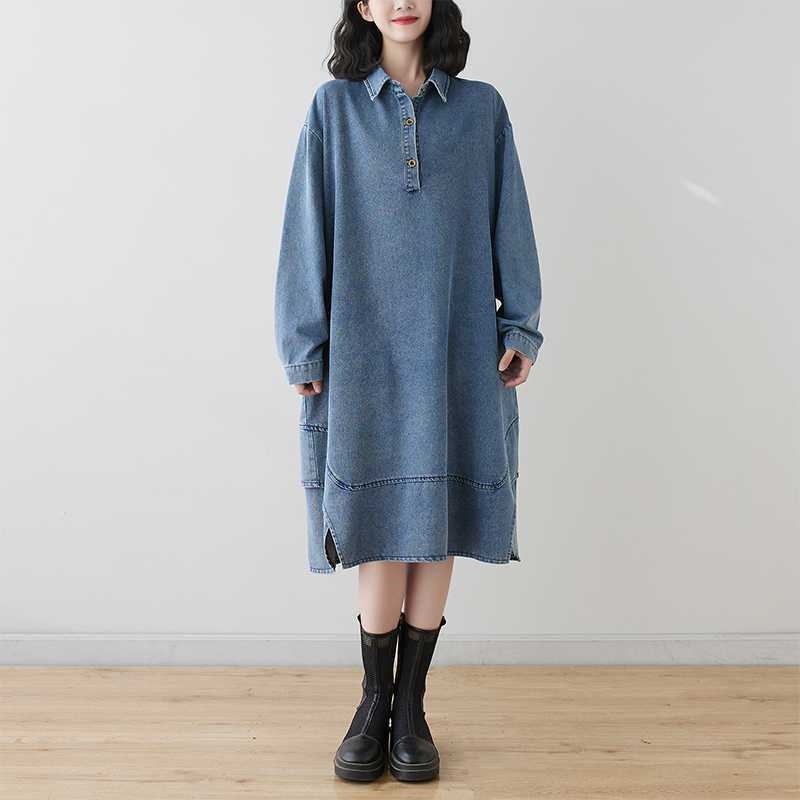 2024 kora tavaszi új koreai stílusú plus size laza karcsúsító farmer középhosszú női ruha