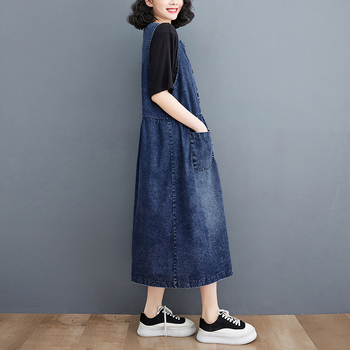 Real Shot raktáron Farmer mellényruha retró kerek nyakú, egysoros, bő, A-vonalú, karcsúsító midi ruha