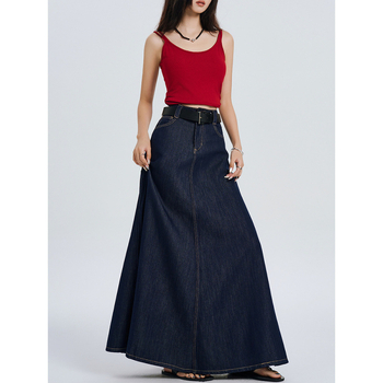 Μπλε vintage τζιν φούστα γυναικών με ψηλόμεσο σχέδιο σε σχήμα αχλαδιού, στις αρχές του φθινοπώρου, ψηλή φούστα-ομπρέλα με μακριά ντεκολτέ και αδυνάτισμα