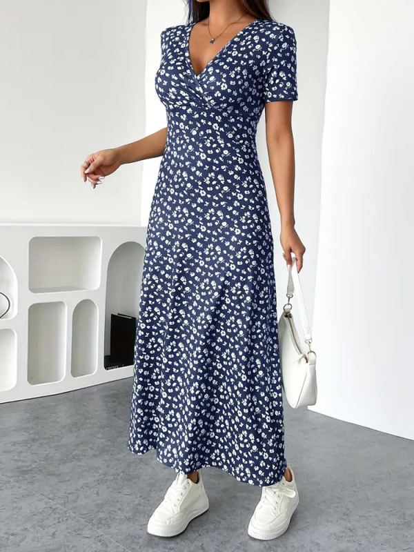 Határokon átnyúló európai és amerikai női 2025-ös nyári új Amazon nyomtatott V-nyakú rövid ujjú szexi szűk derekú virágmintás ruha